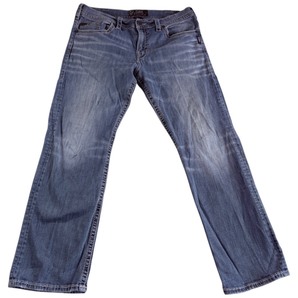 Silver Jeans Co. Gordie Straight Mens 36x34 (38x31) Blue Whiskering Denim Logo